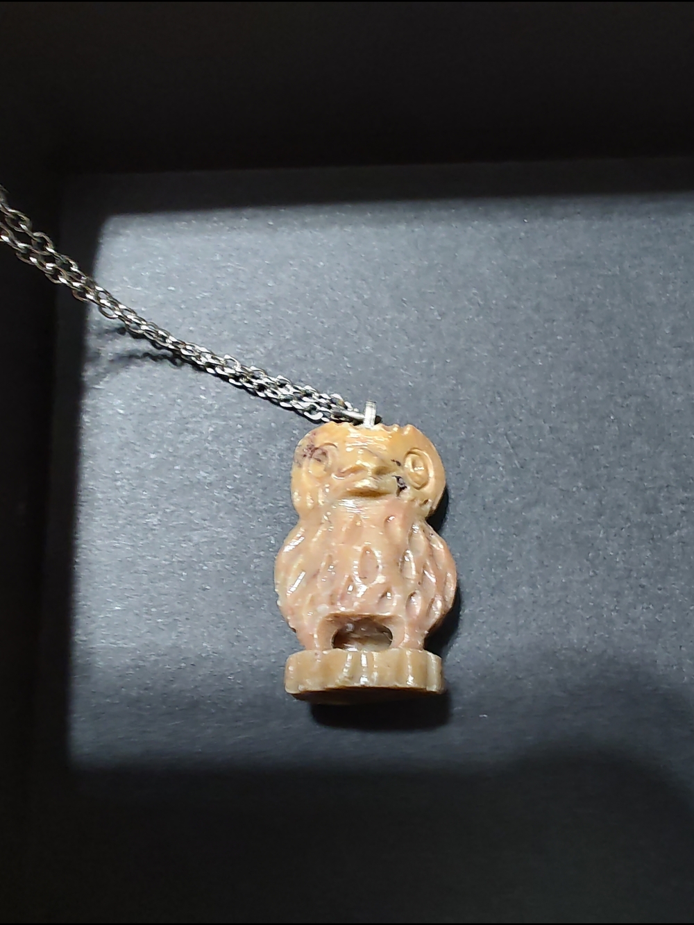 Carved Owl Pendant Necklace in Warm Beige